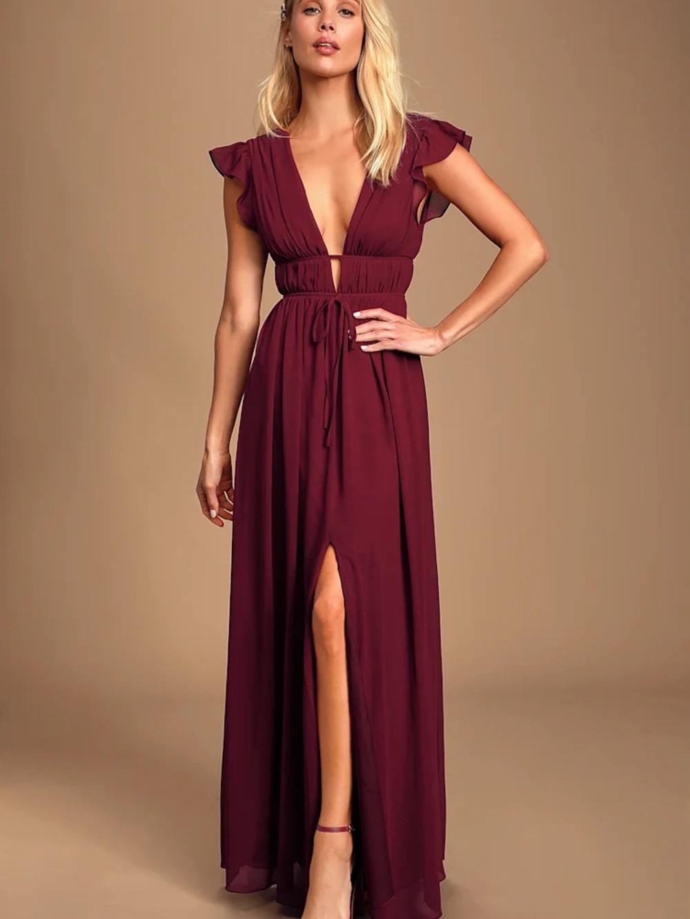 Women’s Deep V Burgundy Maxi Dress with Waist Tie
